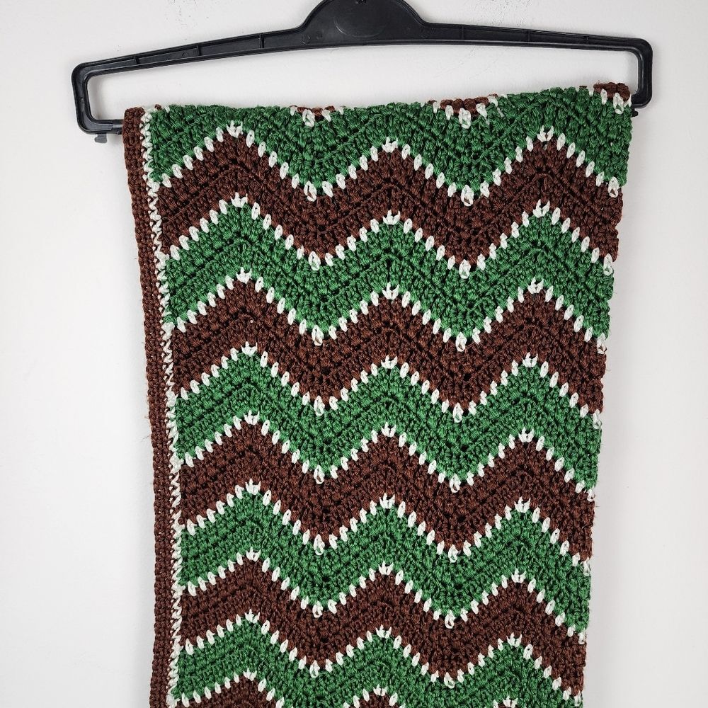 Handmade Crochet Throw Blanket Green Brown White Chevron Zigzag Scalloped Retro - Picture 10 of 16